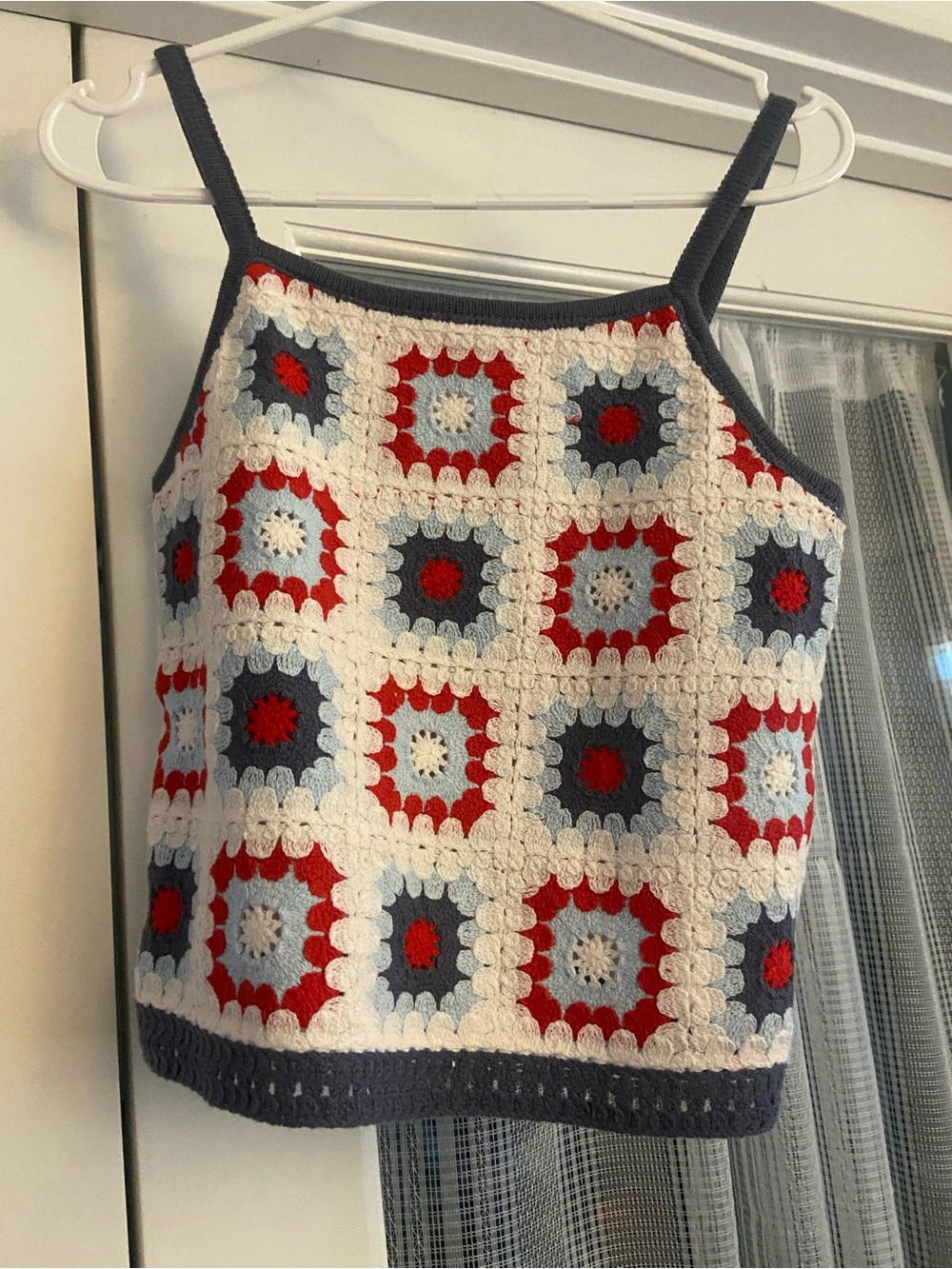 Crochet Square Tank Top - Red, Navy & Cream